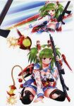  1girl absurdres angry apple ass beatmania_iidx bell black_thighhighs blunt_bangs bomb bombergirl breasts cleavage crying crying_with_eyes_open explosive food fruit full_body goli_matsumoto green_hair gun hair_ornament highres hishimiya_tsugaru long_hair navel official_art open_mouth red_eyes school_uniform serafuku skirt small_breasts solo tears teeth thighhighs torn_clothes torn_thighhighs two_side_up underboob upper_teeth_only weapon 