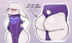  anthro big_butt blush butt cave_story clothed clothing colored cosplay digital_drawing_(artwork) digital_media_(artwork) dress hands_on_hips king_(cave_story) lagomorph long_ears long_sleeves looking_aside male mammal mimiga pelvic_curtain purple_clothing purple_dress rear_view red_eyes scar sigh simple_background solo tail text thick_thighs toriel undertale_(series) zlut385 