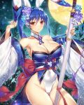  1girl animal_ears back_bow bare_shoulders blue_hair blush bow breasts cleavage closed_mouth collarbone commission covered_navel cowboy_shot detached_collar detached_sleeves fake_animal_ears flower full_moon hair_flower hair_ornament hands_up highleg highleg_leotard holding holding_sword holding_weapon huge_breasts japanese_clothes kimono leotard long_hair looking_at_viewer moon munlu_(wolupus) night night_sky obi original ponytail rabbit_ears red_bow red_eyes sash sheath sheathed skeb_commission sky solo susuki_grass sword thighs tsukimi weapon white_leotard wide_sleeves 