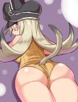 1girl animal_hat ass black_hair black_hat blush cat_girl cat_hat cat_tail cougar_(cougar1404) from_behind gradient_hair grey_hair hashtag-only_commentary hat key_(cougar1404) long_hair looking_at_viewer looking_back lying multicolored_hair on_stomach orange_panties orange_shirt original panties parted_lips red_eyes ribbed_panties ribbed_shirt shirt sleeveless sleeveless_shirt solo tail underwear 