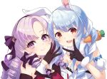  2girls animal_ear_fluff animal_ears bare_shoulders black_gloves blue_hair braid breasts carrot_hair_ornament cleavage dress drill_hair drill_sidelocks finger_claws food-themed_hair_ornament fur-trimmed_gloves fur_scarf fur_trim gloves hair_ornament hair_ribbon hairband highres hololive hyakumantenbara_salome hyakumantenbara_salome_(1st_costume) large_breasts leotard leotard_under_clothes light_blue_hair long_hair long_sleeves looking_at_viewer medium_breasts multiple_girls nijisanji nokora_(otonarinoco) off-shoulder_dress off_shoulder ojou-sama_pose open_mouth parted_bangs purple_eyes purple_hair purple_hairband purple_ribbon rabbit-shaped_pupils rabbit_ears rabbit_girl red_dress red_sleeves ribbon short_eyebrows sidelocks simple_background symbol-shaped_pupils thick_eyebrows twin_braids usada_pekora usada_pekora_(1st_costume) v virtual_youtuber white_background 