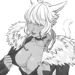  1girl animal_ears archon_mark areola_slip beencap breasts cat_ears cat_girl cat_tail choker cleavage clothes_pull collarbone dark-skinned_female dark_skin dress dress_pull earrings feather_earrings feathers final_fantasy final_fantasy_xiv fur-trimmed_dress fur_trim greyscale highres jewelry large_breasts miqo&#039;te monochrome short_hair solo sweat tail upper_body y&#039;shtola_rhul 