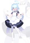  1girl absurdres alternate_costume apron arona_(blue_archive) black_dress blue_archive blue_eyes blue_hair blue_halo blush braid dress enmaided full_body hair_over_one_eye halo highres maid maid_apron open_mouth pantyhose pink_hair puffy_short_sleeves puffy_sleeves shirokuma_(zeroillya) short_hair short_sleeves simple_background single_braid smile solo white_apron white_background white_pantyhose zoom_layer 