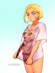  1girl animal_print backlighting blonde_hair blue_eyes breasts cammy_white cat_print english_commentary highres long_shirt mismatched_eyebrows naked_shirt print_shirt quasimodox scar scar_on_cheek scar_on_face shirt shirt_tug short_hair silhouette solo street_fighter street_fighter_6 t-shirt 