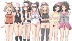  6+girls absurdres arm_at_side arms_behind_back ass_visible_through_thighs bare_arms bare_legs bare_shoulders baseball_cap beanie black_hair black_pubic_hair blonde_hair blonde_pubic_hair blue_eyes blue_hair blush bottomless breasts brown_eyes brown_hair cardigan cleft_of_venus closed_eyes closed_mouth dark_blue_hair dawn_(pokemon) double_v eyewear_on_headwear facing_viewer feet_out_of_frame female_pubic_hair gloria_(pokemon) grey_cardigan grey_eyes groin hairband hand_on_own_arm hand_up hands_up hat highres hilda_(pokemon) hood hood_down hooded_cardigan leaning_to_the_side legs_apart light_brown_hair long_sleeves looking_at_viewer looking_to_the_side may_(pokemon) medium_breasts medium_hair multiple_girls one_eye_closed open_mouth pokemon pokemon_bw pokemon_bw2 pokemon_dppt pokemon_oras pokemon_sm pokemon_swsh pokemon_xy pubic_hair puckered_lips pussy rosa_(pokemon) scarf selene_(pokemon) serena_(pokemon) shirt short_sleeves side-by-side skindentation sleeveless sleeveless_shirt small_breasts smile socks standing sunglasses tam_o&#039;_shanter thighhighs v v-shaped_eyebrows vest wristband yuni_tofu 