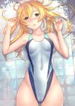  1girl abukuma_(kancolle) ass_visible_through_thighs black_one-piece_swimsuit blonde_hair blue_eyes braid braided_bun breasts commentary_request commission competition_swimsuit covered_navel covered_nipples double_bun green_one-piece_swimsuit hair_between_eyes hair_bun highleg highleg_swimsuit kantai_collection long_hair lying multicolored_clothes multicolored_swimsuit on_back one-piece_swimsuit open_mouth outdoors paid_reward_available ryu-akt silver_one-piece_swimsuit skeb_commission small_breasts solo swimsuit tile_floor tiles twintails 