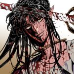  1boy 5altybitter5 ashura_(rg_veda) black_hair blood blood_on_face blood_on_weapon closed_mouth head_tilt holding holding_sword holding_weapon jewelry long_hair looking_at_viewer male_focus necklace orange_eyes pointy_ears portrait rg_veda sanpaku smile solo sword weapon 