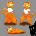  anthro backsack balls big_butt bottomless butt camera clothed clothing clothing_lift domestic_cat felid feline felis fur genitals girly hi_res looking_at_viewer lying male mammal on_front orange_body orange_fur penis pose shirt shirt_lift small_penis solo spots topwear unknown_artist white_clothing white_shirt white_topwear yellow_spots 
