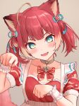  1girl :d ahoge akami_karubi animal_ears blue_eyes blue_ribbon blush bow bowtie brown_background cat_ears cat_girl collar collarbone dress fangs frilled_wrist_cuffs frills gloves grey_collar highres indie_virtual_youtuber ishiyuki looking_at_viewer multicolored_hair open_mouth paw_pose red_bow red_bowtie red_dress red_hair ribbon short_hair simple_background smile solo tongue twintails virtual_youtuber white_wrist_cuffs wrist_cuffs 