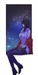 1girl black_hair blunt_bangs book collared_shirt commentary futo_(hbnn328) high_heels holding holding_book invisible_chair medium_hair nico_robin one_piece pants shirt sitting sky solo star_(sky) starry_sky 