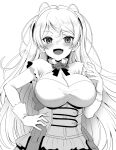  1girl armpit_cutout breasts cleavage cleavage_cutout clothing_cutout commentary_request conte_di_cavour_(kancolle) conte_di_cavour_nuovo_(kancolle) corset dress fang frilled_dress frills gloves greyscale hand_on_hip kantai_collection kyogoku_shin large_breasts long_hair monochrome simple_background skin_fang smile solo two-tone_dress two_side_up upper_body 
