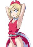  1girl armpits arms_behind_head bangs blonde_hair blue_eyes bracelet breasts cleavage commentary_request cowboy_shot eyebrows_visible_through_hair eyelashes hai_(h81908190) haigure_pose hair_between_eyes hairband highleg highleg_leotard irida_(pokemon) jewelry leotard open_mouth partially_visible_vulva pokemon pokemon_(game) pokemon_legends:_arceus presenting_armpit red_hairband red_leotard sash short_hair solo tongue waist_cape white_background 