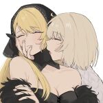 2girls astralnacht bare_shoulders black_hat blonde_hair breasts cleavage closed_eyes detached_collar dungeon_meshi facing_viewer falin_touden falin_touden_(chimera) feathers hand_on_another&#039;s_face hat head_scarf highres licking licking_another&#039;s_neck long_hair marcille_donato marcille_donato_(lord) multiple_girls portrait profile short_hair simple_background swept_bangs tongue tongue_out white_background yuri 
