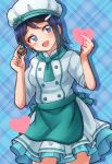  81_(mellowry) apron asymmetrical_bangs bangs blue_background blue_hair blush breasts buttons checkered_background chef_hat chef_uniform chocolate commentary_request frilled_skirt frills green_apron green_neckerchief hair_ornament hairclip hands_up hat heart highres idolmaster idolmaster_dearly_stars light_blue_eyes looking_away medium_breasts mizutani_eri neckerchief open_mouth shirt short_hair skirt sleeves_rolled_up smile solo waist_apron white_shirt white_skirt 