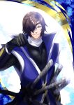  1boy black_gloves brown_hair clenched_hand date_masamune_(sengoku_basara) eyepatch gloves highres katana looking_at_viewer male_focus multiple_swords sengoku_basara sheath sheathed short_hair siso_zakura03 slit_pupils smile solo sword upper_body weapon yellow_eyes 