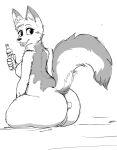  2023 anthro arctic_fox biped black_and_white breasts butt canid canine female food fox genitals herro hi_res hot_sauce hybrid looking_back mammal mephitid monochrome nude open_mouth pepper_(lichee) plugged pussy sitting skunk solo tail true_fox 