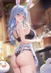  1girl animal_ears apron ass bare_shoulders black_bra black_panties blue_hair blush bra braid braided_ponytail breasts cooking_pot english_commentary fanbox_username from_behind hayate_(leaf98k) highres holding holding_ladle hololive indoors kitchen ladle large_breasts long_hair looking_at_viewer looking_back mature_female panties parted_lips pekomama pekomon_(usada_pekora) rabbit_ears rabbit_girl red_eyes seductive_smile smile solo sweat thick_eyebrows thighs underwear virtual_youtuber white_apron 