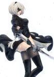  1girl 2b_(nier:automata) ass black_blindfold black_dress black_hairband blindfold boots covered_eyes dress feather-trimmed_sleeves feather_trim gloves hairband highres juliet_sleeves leotard long_sleeves mitsuki_nite nier:automata nier_(series) puffy_sleeves short_hair simple_background solo thighhighs thighhighs_under_boots thong_leotard virtuous_contract white_background white_hair white_leotard 