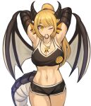  1girl abs absurdres armpits arms_behind_head arms_up bangs blonde_hair breasts cleavage collarbone commentary commission cowboy_shot dolphin_shorts dragon_(monster_girl_encyclopedia) dragon_girl dragon_tail dragon_wings english_commentary hair_between_eyes hair_tie_in_mouth head_fins highres large_breasts long_hair looking_at_viewer midriff monster_girl monster_girl_encyclopedia mouth_hold navel one_eye_closed orange_eyes ponytail scales shorts solo sookmo sweat tail tying_hair wings 