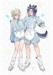  2boys alternate_costume animal_ears apron arm_up bandaid bandaid_on_leg black_hair blonde_hair blue_eyes blue_jacket blue_shorts blush bright_pupils cloud_strife dog_boy dog_ears dog_tail embarrassed final_fantasy final_fantasy_vii frilled_apron frills full_body hand_up highres jacket kemonomimi_mode looking_at_viewer maid maid_day maid_headdress male_focus multiple_boys nunui0618 one_eye_closed open_mouth parted_bangs shoes short_hair shorts smile sneakers socks sparkle spiked_hair tail track_jacket v very_long_sleeves white_apron white_footwear white_socks zack_fair 