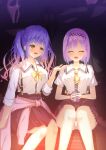  2girls :d \||/ ^_^ absurdres arm_at_side black_hairband blue_hair blush bob_cut bow bright_pupils calamity_saika campfire closed_eyes clothes_around_waist collared_shirt commentary_request cup earclip facing_viewer fang feet_out_of_frame flower frilled_skirt frills gradient_hair gyaru hair_between_eyes hair_flower hair_ornament hair_over_shoulder hairband hairclip hand_up happy high-waist_skirt highres holding holding_cup knees_together_feet_apart kogal kohibari_kurumi long_hair long_sleeves looking_at_another mug multicolored_hair multiple_girls necktie open_mouth orange_hair outdoors panties pink_flower pink_hair pleated_skirt raised_eyebrows scary_movie school_uniform shirt short_hair short_necktie short_sleeves side-by-side sitting skirt smile straight_hair suspender_skirt suspenders tanikaze_amane tenshi_souzou_re-boot! tsurime twintails underlighting underwear wavy_hair white_panties white_shirt x_hair_ornament yellow_bow yellow_eyes yellow_necktie 