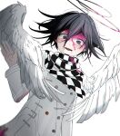  1boy angel_wings black_hair blood blood_on_clothes blood_on_face blood_stain blush checkered_clothes checkered_scarf commentary_request danganronpa_(series) danganronpa_v3:_killing_harmony from_below hair_between_eyes halo hand_up highres long_sleeves looking_at_viewer male_focus no? oma_kokichi open_mouth pink_blood ringed_eyes scarf short_hair solo straitjacket upper_body waving white_background wide-eyed wings 