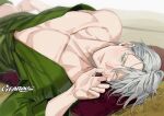  1boy artist_name blue_eyes gearous japanese_clothes lying male_focus on_back one_eye_closed open_clothes open_mouth pectorals pillow silver_hair viktor_nikiforov yuri!!!_on_ice 