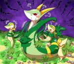  blush closed_eyes colored_skin crossed_arms evil_anaunara grass green_skin highres no_humans open_mouth plant pokemon pokemon_(creature) red_eyes rock serperior snake snivy standing vines wavy_mouth yellow_skin 