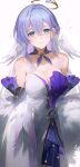  1girl absurdres aqua_eyes arms_behind_back bare_shoulders breasts cleavage commentary cowboy_shot detached_sleeves dress feather_boa grin hair_between_eyes halo head_wings highres honkai:_star_rail honkai_(series) long_hair looking_at_viewer parted_lips purple_dress purple_hair robin_(honkai:_star_rail) short_sleeves simple_background smile standing strapless strapless_dress two-tone_dress white_background white_dress white_wings wings yonesdraws 