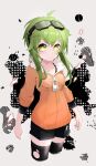  1girl absurdres cropped_legs goggles goggles_on_head green_eyes green_hair gumi highres jacket jinsei_reset_button_(vocaloid) kogaara long_hair looking_at_viewer shorts solo thighhighs torn_clothes torn_thighhighs vocaloid zipper_pull_tab 