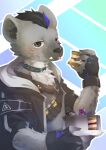  anthro arknights bandolier black_hair blue_hair blush cake clothing collar dessert eating eating_food fingerless_gloves food fur gloves grey_body grey_fur hair handwear hyena hypergryph jacket looking_at_viewer male mammal multicolored_hair pixiv_id_35674240 shirt solo spot_(arknights) spotted_hyena studio_montagne tongue tongue_out topwear two_tone_hair 