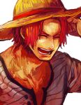  1boy aged_down child closed_eyes hat laughing male_focus one_piece open_mouth red_hair shanks_(one_piece) shirt short_hair simple_background smile solo straw_hat teeth third-party_source tsuyomaru white_background 