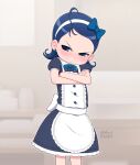  1girl ahoge angry apron artist_name back_bow blue_bow blue_bowtie blue_dress blue_eyes blue_hair blurry blurry_background blush bow bowtie buttons child closed_mouth cowboy_shot crossed_arms dress earrings english_commentary forehead frilled_apron frills hair_bow hairband highres jewelry looking_to_the_side maid maid_apron medium_hair mixed-language_commentary ojamajo_doremi pinkbunnyjuice puffy_short_sleeves puffy_sleeves senoo_aiko short_sleeves standing v-shaped_eyebrows white_apron white_bow white_hairband 