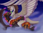  amypast_(artist) braisewolf digital_drawing_(artwork) digital_media_(artwork) dragon duo embrace feathered_wings feathers female feral fur furred_dragon glowing glowing_eyes glowing_teeth glowing_tongue hi_res hug male markings maythedragon scalie skydiving teeth tongue western_dragon wings 