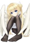  1girl angel angel_wings black_pantyhose blonde_hair blue_eyes blush closed_mouth commentary_request convenient_leg double_bun eyelashes eyes_visible_through_hair feathered_wings foreshortening full_body hair_between_eyes hair_bun happy highres hugging_own_legs knees_up long_hair long_sleeves looking_at_viewer no_shoes pantyhose school_uniform shirayuki_noa shirt simple_background sitting smile solo straight_hair sweater_vest tenshi_souzou_re-boot! tsurime twintails very_long_hair white_background white_shirt white_wings wing_hair_ornament wings yamichi_(yamichi8369) yellow_sweater_vest 