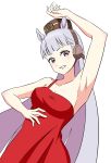  1girl animal_ears armpits benjamin_(user_cajx4852) blunt_bangs breasts dress gold_ship_(umamusume) grey_hair highres horse_ears horse_girl large_breasts long_hair looking_at_viewer official_alternate_costume pillbox_hat purple_eyes red_dress simple_background sleeveless sleeveless_dress solo umamusume white_background 