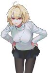  1girl :t ahoge arcueid_brunestud black_pantyhose black_skirt blonde_hair blush breasts commentary_request cowboy_shot double-parted_bangs eyes_visible_through_hair hair_between_eyes hands_on_own_hips highres jewelry large_breasts leaning_forward long_bangs looking_at_viewer miniskirt necklace pantyhose partial_commentary pout red_eyes short_hair simple_background skirt slit_pupils solo sweater toura_higashi tsukihime turtleneck turtleneck_sweater white_background white_sweater 
