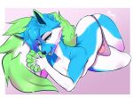  absurd_res anthro barely_contained bedroom_eyes blue_body blue_fur bulge canid canine claws erection fur genitals girly green_body green_eyes green_fur hi_res looking_at_viewer lying male mammal multicolored_body multicolored_fur narrowed_eyes nyufluff on_side open_mouth penis seductive solo white_body white_fur 