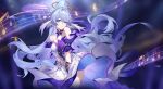  1girl aqua_eyes asymmetrical_gloves bare_shoulders bead_bracelet beads bracelet closed_mouth detached_sleeves dress facial_mark floating_hair gloves hair_between_eyes halo head_wings highres honkai:_star_rail honkai_(series) jewelry long_hair looking_at_viewer musical_note official_art purple_dress robin_(honkai:_star_rail) short_sleeves smile solo standing uneven_gloves white_dress white_gloves white_wings wings 
