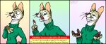  4_fingers agender anthro artist_logo clothing comic drjavi english_text fingers genet gesture gradient_background green_clothing green_sweater green_topwear hi_res humor javalier_rawhead logo male mammal open_mouth pawpads simple_background smile solo sweater text text_box topwear upset viverrid whiskers 