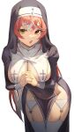  1girl :o breasts covered_navel crossed_bangs garter_straps groin heterochromia highres hololive houshou_marine houshou_marine_(nun) kobayashi_(jna_x_rgh) large_breasts leaning_forward long_hair multicolored_hair open_mouth own_hands_together pelvic_curtain red_eyes red_hair simple_background solo streaked_hair thighhighs thighs two-tone_hair very_long_hair white_background white_hair white_thighhighs yellow_eyes 