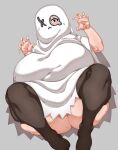  1girl absurdres blush bottomless breasts brown_thighhighs claw_pose ghost_costume grey_background grey_eyes highres huge_breasts icecube2lazy no_shoes original sheet_ghost simple_background solo sweat thick_thighs thighhighs thighs 
