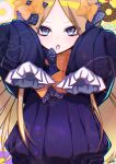  1girl abigail_williams_(fate) black_bow black_dress blonde_hair blue_eyes blush bow breasts dress fate/grand_order fate_(series) forehead hair_bow highres long_hair long_sleeves looking_at_viewer open_mouth orange_bow parted_bangs shiushiu_kurauneru_plus sleeves_past_fingers sleeves_past_wrists small_breasts solo 