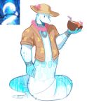  1boy alternate_costume bara coconut_cup david_rigel furry furry_male hat hawaiian_shirt highres live_a_hero male_focus muscular muscular_male personification rasalhague_(live_a_hero) shirt snake_boy solid_oval_eyes solo standing sun_hat white_fur 