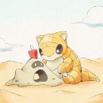  beach brown_eyes claws cloud commentary_request day kinakomochi_(kazuna922) looking_down no_humans outdoors pokemon pokemon_(creature) sand sandshrew sandygast sitting 