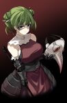  absurdres black_eyes corset detached_sleeves dress gauntlets green_hair highres holding holding_mask holding_staff looking_at_viewer mask plague_doctor_mask red_dress shaded_face staff tatiana_(unicorn_overlord) unicorn_overlord zanlyu 