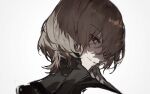  1boy akechi_gorou brown_hair from_behind hair_between_eyes light_brown_hair looking_at_viewer male_focus parted_lips persona persona_5 profile red_eyes short_hair simple_background smile smirk solo va_ccu white_background 