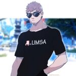  1boy ardbert_(ff14) black_shirt brown_hair facial_hair final_fantasy final_fantasy_xiv goatee hand_in_pocket highres hyur limsa_lominsa male_focus muscular shirt short_hair simple_background solo stubble sunglasses takuyasaeki 