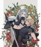  2boys absurdres arm_up armor belt black_belt black_coat black_gloves black_pants blonde_hair blue_sweater bracer bright_pupils brown_belt buster_sword chest_strap clockwork cloud_strife coat final_fantasy final_fantasy_vii flower gloves green_eyes grey_background grey_hair hand_on_another&#039;s_waist hand_up high_collar highres holding_another&#039;s_wrist katana leaf light_smile long_bangs long_hair long_sleeves looking_at_another looking_down looking_up lyell_ff14 male_focus multiple_belts multiple_boys open_clothes open_coat pants parted_bangs parted_lips pauldrons planted planted_sword red_flower red_rose rose sephiroth short_hair shoulder_armor single_pauldron sleeveless sleeveless_sweater sleeveless_turtleneck spiked_hair standing suspenders sweater sword turtleneck turtleneck_sweater upper_body very_long_hair weapon yaoi 