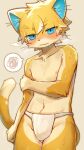  1boy absurdres animal_ears blonde_hair blue_eyes blush body_fur bulge cat_boy cat_ears cat_tail closed_mouth embarrassed fundoshi furry furry_male grey_background highres japanese_clothes kurom960 male_focus multicolored_fur navel nipples original simple_background solo spoken_squiggle squiggle tail wet white_fur yellow_fur 